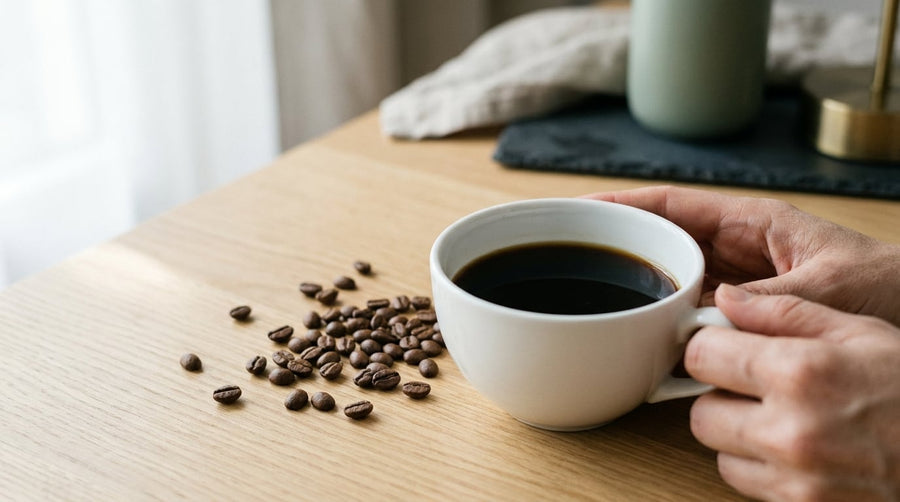 Schwarzer Kaffee in weißer Tasse mit Kaffeebohnen auf Holztisch