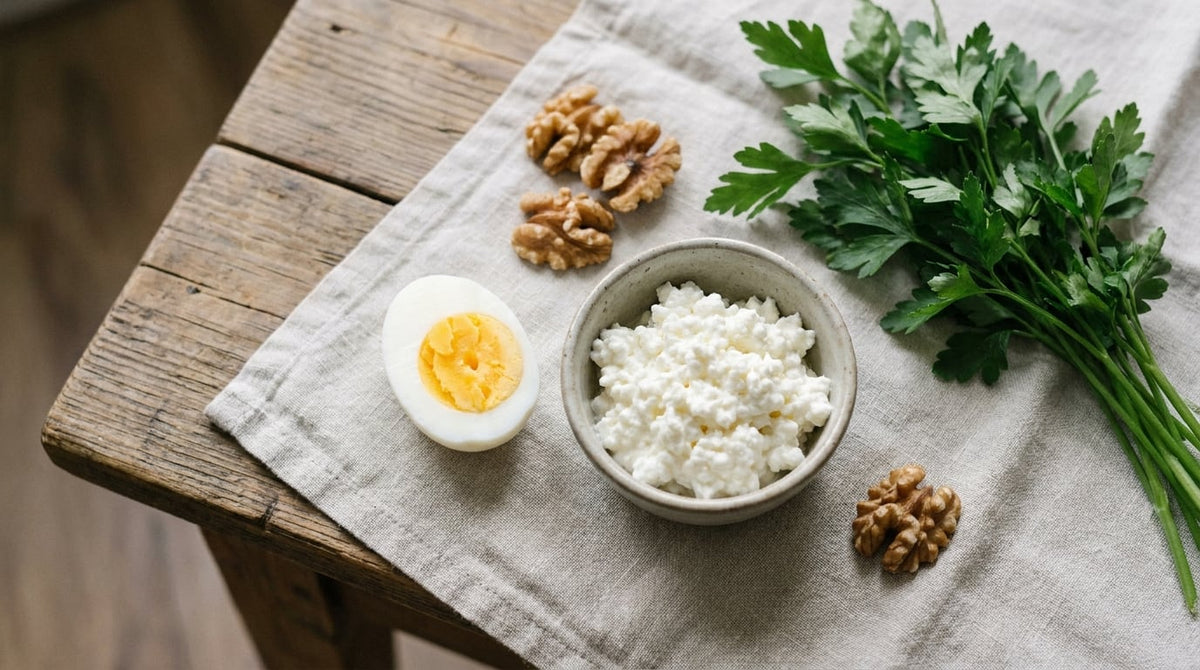 Proteinreiche Lebensmittel – Ei, Hüttenkäse, Walnüsse – auf Leinentuch, Draufsicht